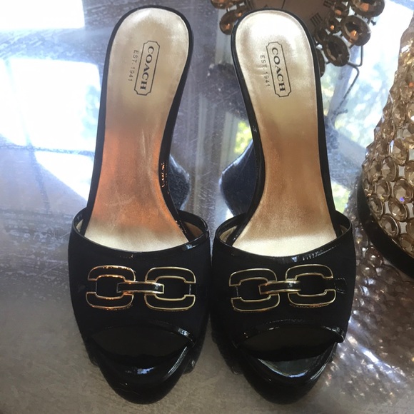 COACH Hazel Black Patent Gold CC Buckle Open Toe Logo Sandal Mules Slides NWOT 8 - Picture 3 of 6